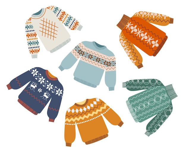 Handgezeichnete Vektorillustrationen warmer Winter- und Herbstwollpullover. Trendiges flaches Design