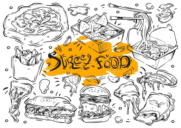 Handgezeichnete vektorliniendarstellung auf weißem hintergrund doodle-sammlung streetfood-menü burger-sandwich-nudeln pizza nachos kartoffelecken calzone-sauce