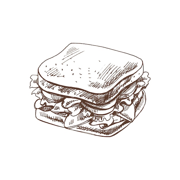 Vektor handgezeichnete vektorskizze eines sandwichstücks mit gemüse, käse, fleisch, doodle, vintage-illustration, dekorationen für die speisekarte von cafés und etiketten, eingraviertes bild