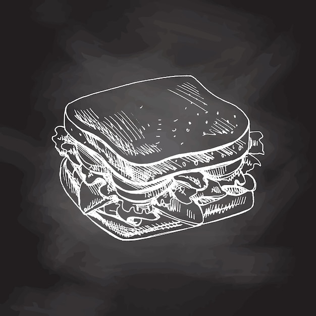 Handgezeichnete Vektorskizze eines Sandwichstücks mit Gemüse, Käse und Fleisch auf Tafelgrund