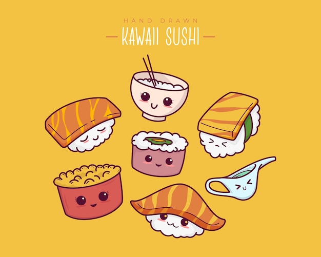 Handgezeichnete verschiedene kawaii sushi, onigiri, sashimi. japanischer cartoon-stil. netter vektorillustrationssatz.