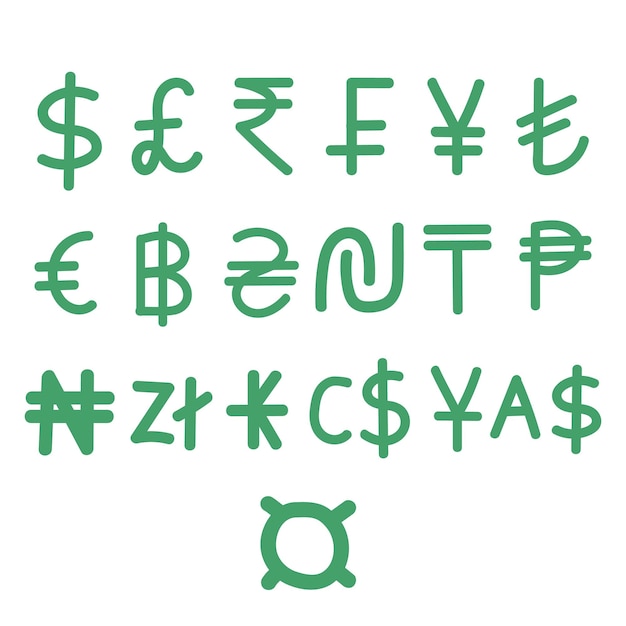 Handgezeichnete verschiedene Währungen. Cartoon-Design-Finanzelement. Currenties-Symbolpaket.