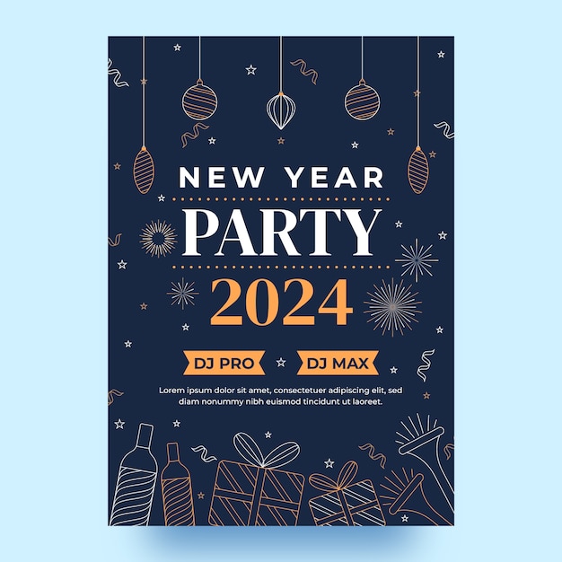 Vektor handgezeichnete vertikale plakatvorlage für die neujahrsfeier 2024