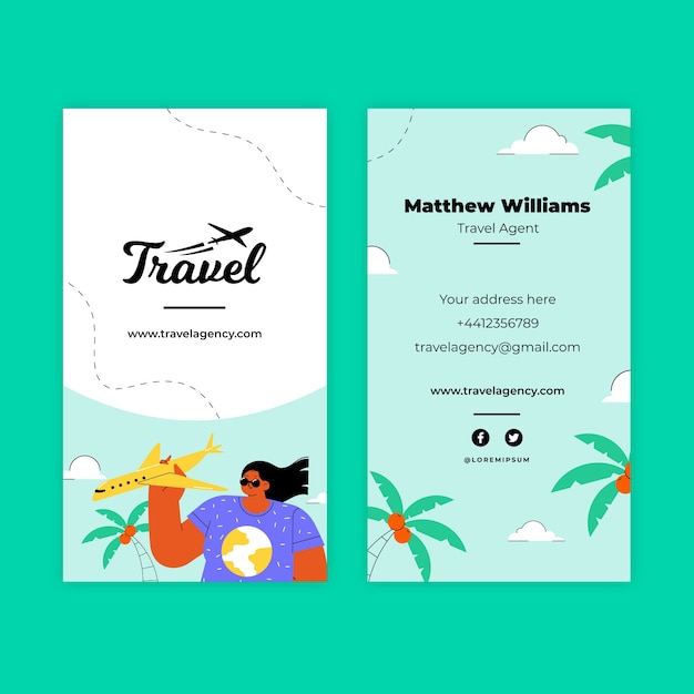Handgezeichnete vertikale Visitenkarte des Reisebüros