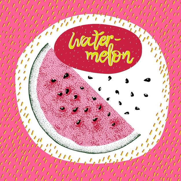 Handgezeichnete wassermelone und schriftzug drucken. vektorillustration mit scheibe der wassermelone und der samen.