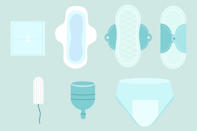 Handgezeichnete weibliche Menstruationshygiene-Kollektion geeignet für Clip-Art-Aufkleber, flache Design-Illustrationen usw.