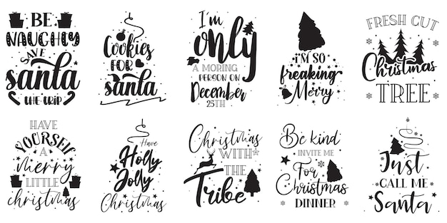 Vektor handgezeichnete weihnachten schriftzug typografie set sammlung auf weißem hintergrund