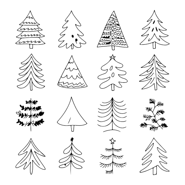 Handgezeichnete Weihnachtsbäume kritzeln Symbole