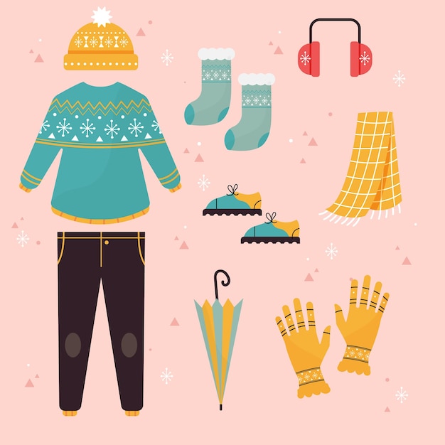 Handgezeichnete Winterkleidung und das Nötigste