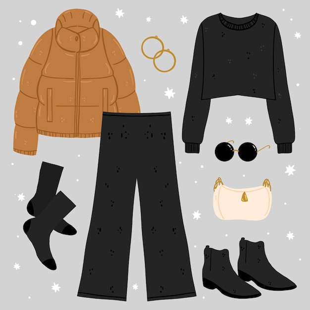 Handgezeichnete winterkleidung und essentials-kollektion
