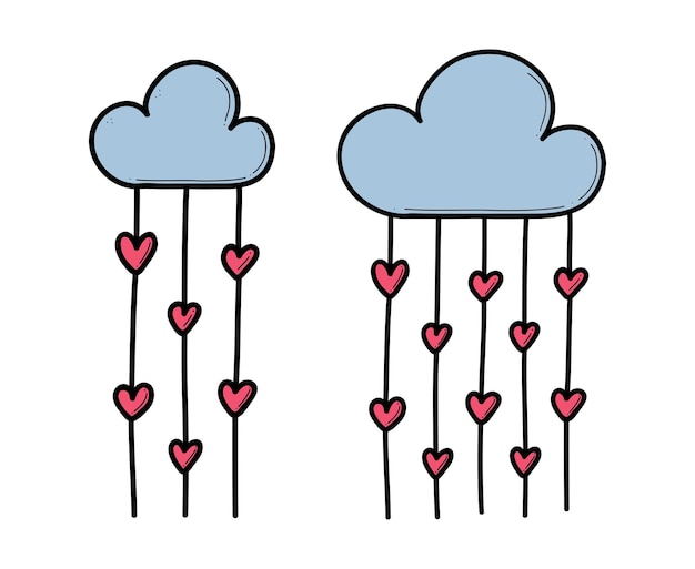 Handgezeichnete wolke, die mit herzgekritzel regnet