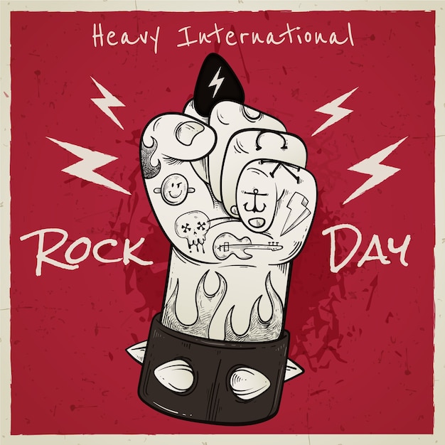 Vektor handgezeichnete world rock day illustration mit tätowierter hand