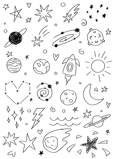 Handgezeichnete Zeichnungen von Weltraumelementen, darunter Planeten, Sterne und eine Rakete