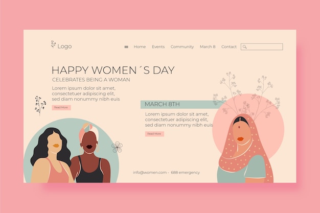 Handgezeichnete Zielseitenvorlage für den internationalen Frauentag