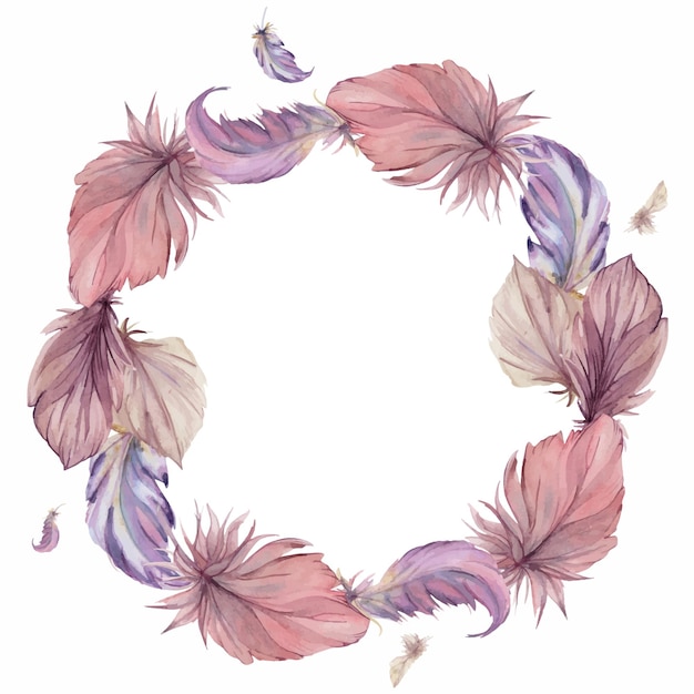Handgezeichneter Aquarell Vogelfeder Feder Feder Quill Boho Stammes ethnischer Indianer lila Kranzrahmen isoliert auf weißem Hintergrund Design für Charme Amulett Traumfänger Scrapbooking handgefertigte Handwerk Tattoo