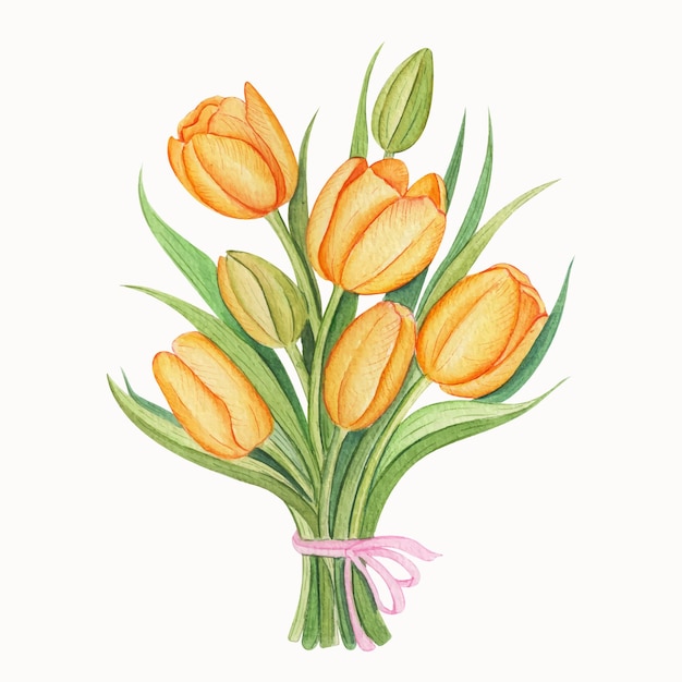 Vektor handgezeichneter, aquarellgelber tulpenstrauß