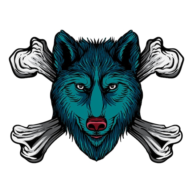 Vektor handgezeichneter blauer wolf mit knochen