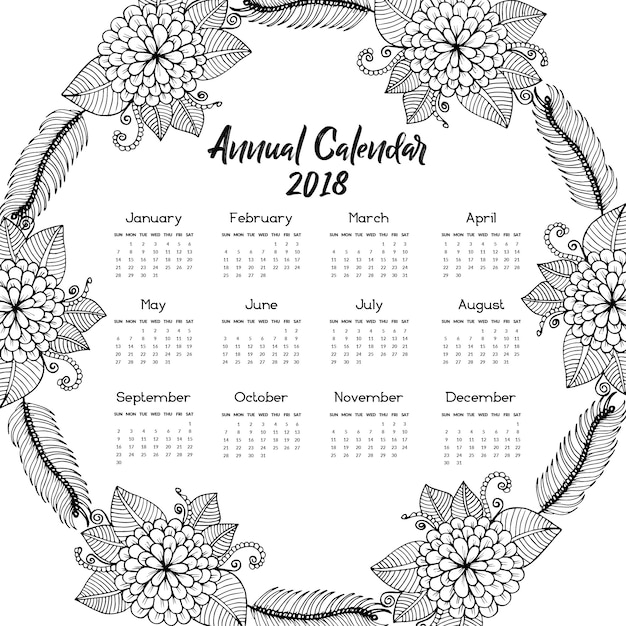 Handgezeichneter blumenkranzkalender 2018