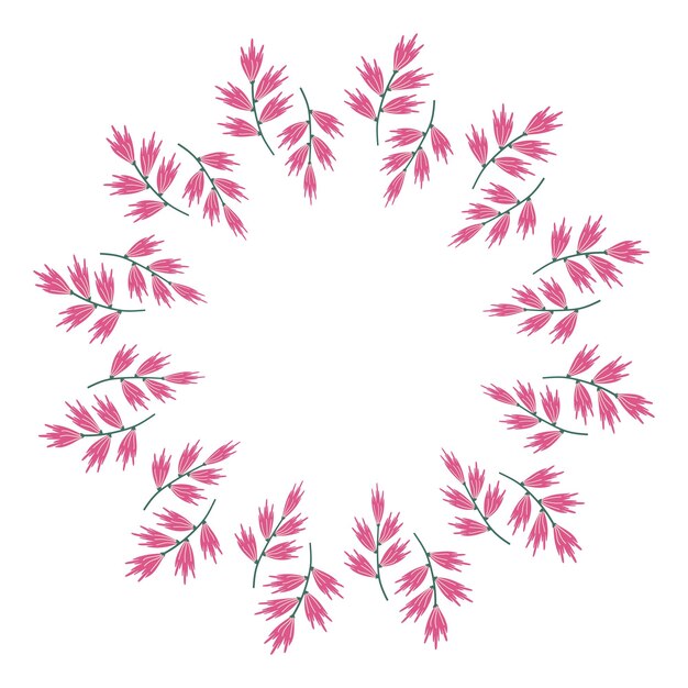 Handgezeichneter Blumenrahmen oder Rand mit Platztext, Zitat oder Logo im flachen Stil Doodle-Kranz aus rosa Frühlingsblumen im Kreis Minimalistisches botanisches Element auf dem Hintergrund mit Kopierraum