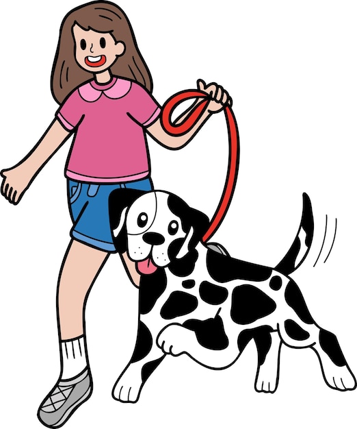 Vektor handgezeichneter dalmatinischer hund, der mit besitzerillustration im doodle-stil spazieren geht