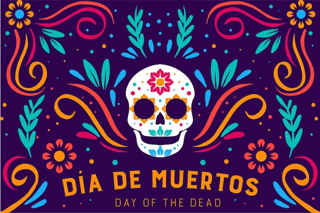 Handgezeichneter dia de muertos-tag der toten flachen designillustration mit schädel und blumenverzierung