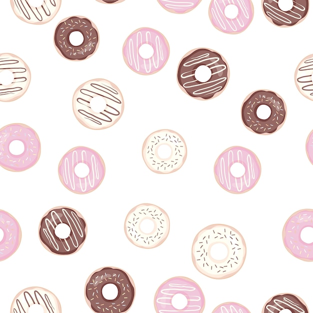 Vektor handgezeichneter donut mit nahtlosem muster vektorbäckerei-hintergrunddesign