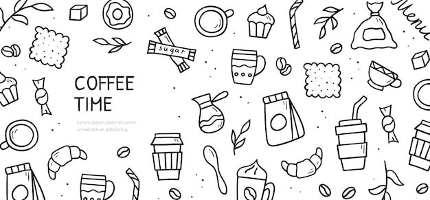 Vektor handgezeichneter doodle-satz von kaffee-themenartikeln horizontale banner-vorlage skizzenstilillustration