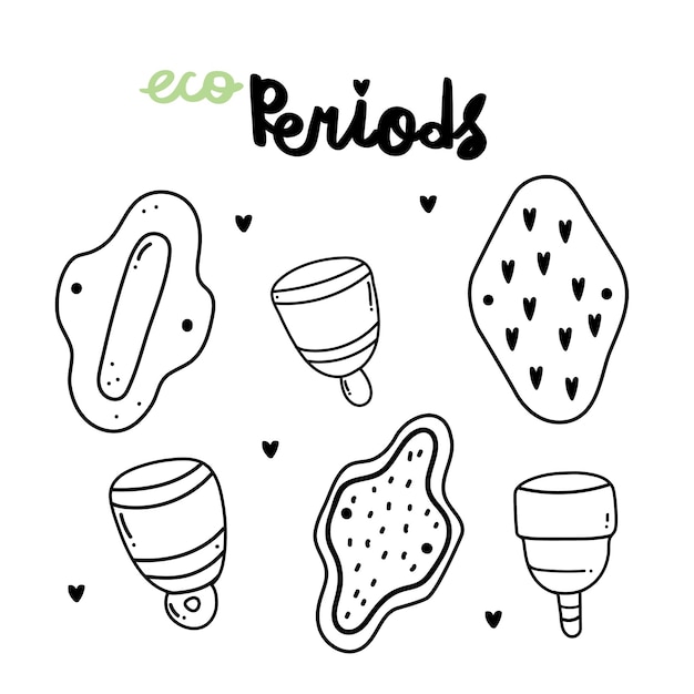 Handgezeichneter doodle-vektorsatz umweltfreundlicher hygieneprodukte für die menstruation