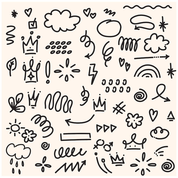 Handgezeichneter einfacher Elemente-Set mit Illustrations-Stil-Droodle und Line-Art