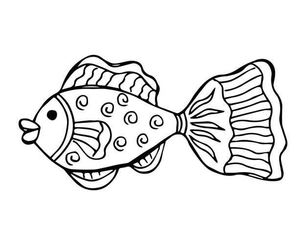 Handgezeichneter Fisch im Doodle- oder Sketch-Stil einzelnes Element in Schwarz-Weiß-Farbe