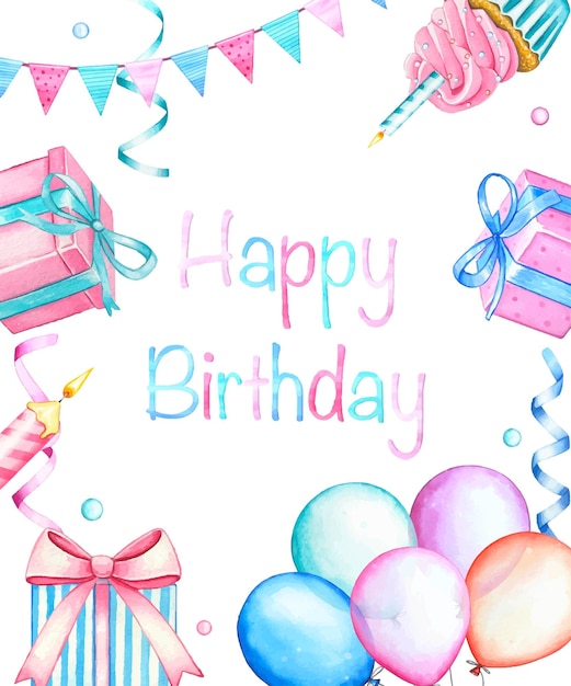 Handgezeichneter Geburtstagsrahmen mit Geschenkkisten, Kerzen, Cupcake, Girlanden, Ballons, Aquarellillustration