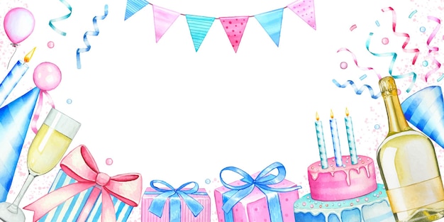 Handgezeichneter Geburtstagsrahmen mit Geschenkkisten, Kerzenkuchen, Champagnerkränzen, Aquarellillustration