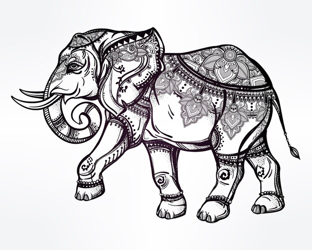 Handgezeichneter geschmückter Elefant Isolierte Vektorillustration Idealer ethnischer Hintergrund