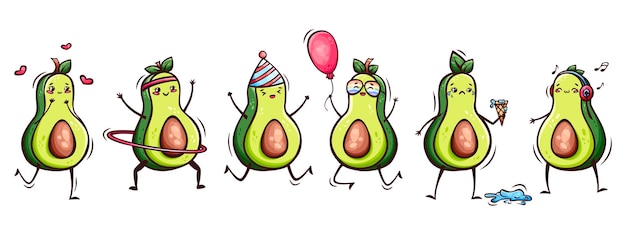 Vektor handgezeichneter großer icon-satz süßer kawaii avocados im doodle-stil. süße avocado-aufkleber, symbole