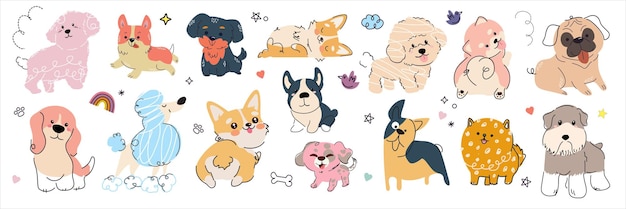 Handgezeichneter großer Vektorsatz verschiedener Hunde. Verschiedene Haustiere in verschiedenen Posen. Handgezeichnet im Stil