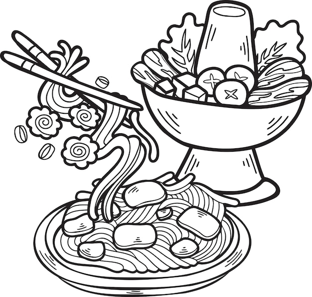 Handgezeichneter Hot Pot und Nudeln Chinesische und japanische Lebensmittelillustration