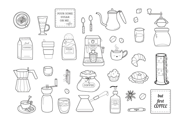Handgezeichneter kaffeegekritzel-elementsatz. kaffeebrühwerkzeuge, maschine, beutel, glas, mühle, tasse