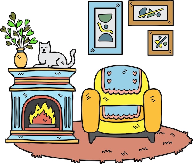 Handgezeichneter Kamin mit Katzen und Sofa-Innenraumillustration