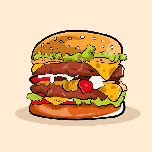 Handgezeichneter leckerer Fast-Food-Burger oder Hamburger mit Cheeseburger