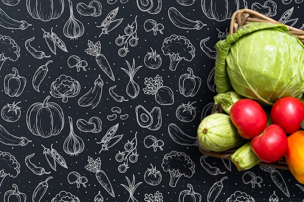 Handgezeichneter Obst- und Gemüsemusterhintergrund