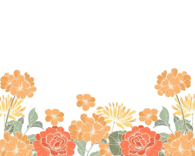 Vektor handgezeichneter orangefarbener rose und wildblumen-hintergrund