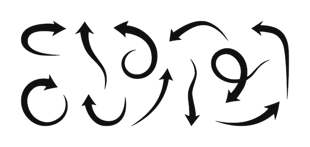 Handgezeichneter Pfeil in verschiedene Richtungen Doodle fette schwarze Pfeile Design Linie mit Zeiger-Icon-Set Vektor-Illustration isoliert auf weißem Hintergrund