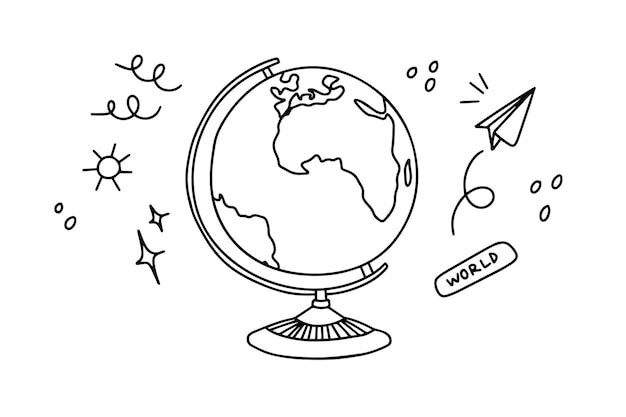 Vektor handgezeichneter planet erde schwarz-weiß-umriss-doodle-vektorillustration