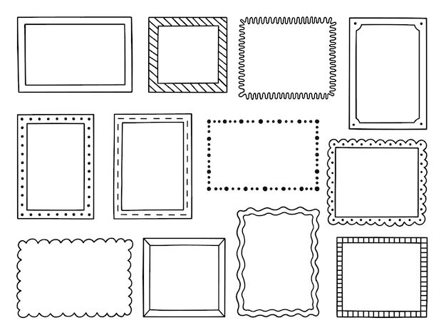 Handgezeichneter rahmensatz doodle quadratische und rechteckige ränder im skizzenstil