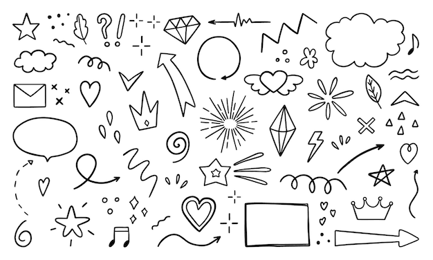 Handgezeichneter Satz abstrakter Doodle-Elemente Pfeile, Herz, Stern, Krone, Zeichen und Symbole im Skizzenstil