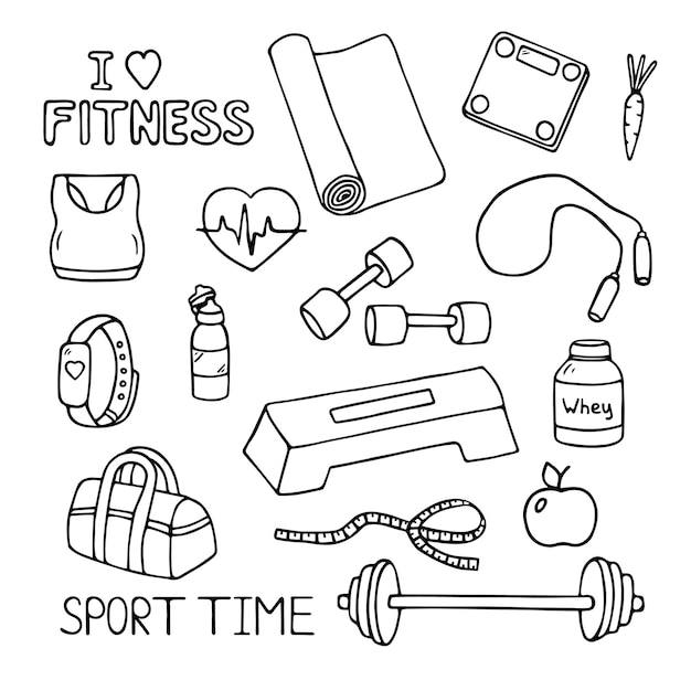 Handgezeichneter satz fitness-doodles handgezeichnete vektorillustration isoliert auf weißem hintergrund