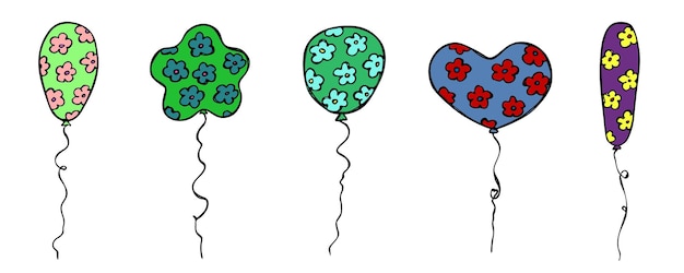 Handgezeichneter satz fliegender ballonillustration geburtstagsfeier-doodle feiertagscliparts