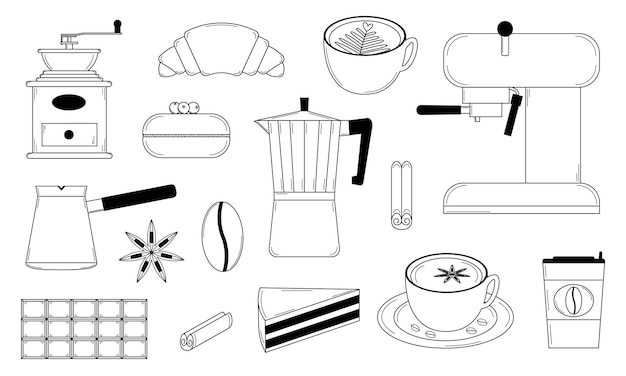 Vektor handgezeichneter satz kaffeeillustrationen kaffeezubereitungsgeräte und süßigkeiten doodle-stil vektor