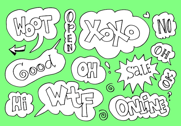 Handgezeichneter satz sprechblasen mit handgeschriebenen kurzen sätzen woot open xoxo guter verkauf wtf online und mehr auf grünem hintergrund