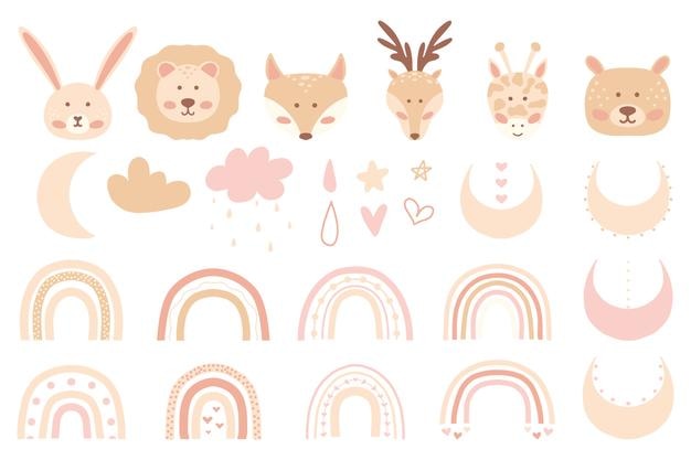 Handgezeichneter Satz von Regenbögen für Kinder, Tiere, Sterne, Mond, Herzen. Niedliche Reihe von Cliparts im Boho-Stil für Kinder. Sammlung in Pastellfarben